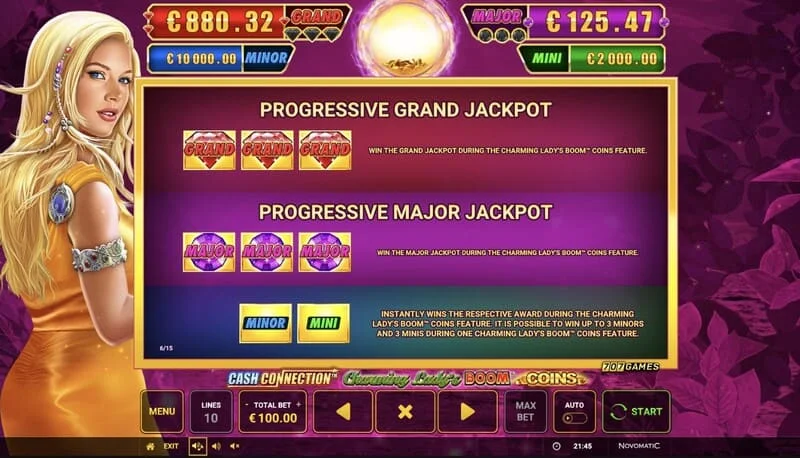 Cash Connection - Charming Lady's Boom Coins - Mini, Minor, Major un Grand džekpotu tabula