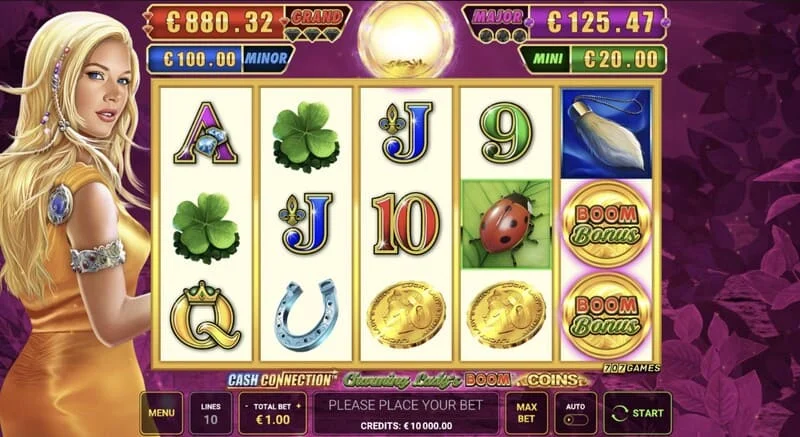 Cash Connection - Charming Lady's Boom Coins - 5x3 režģis ar laimes simboliem