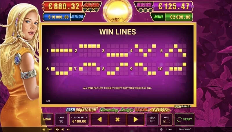 Cash Connection - Charming Lady's Boom Coins - izmaksu līnijas un Wild Charming Lady